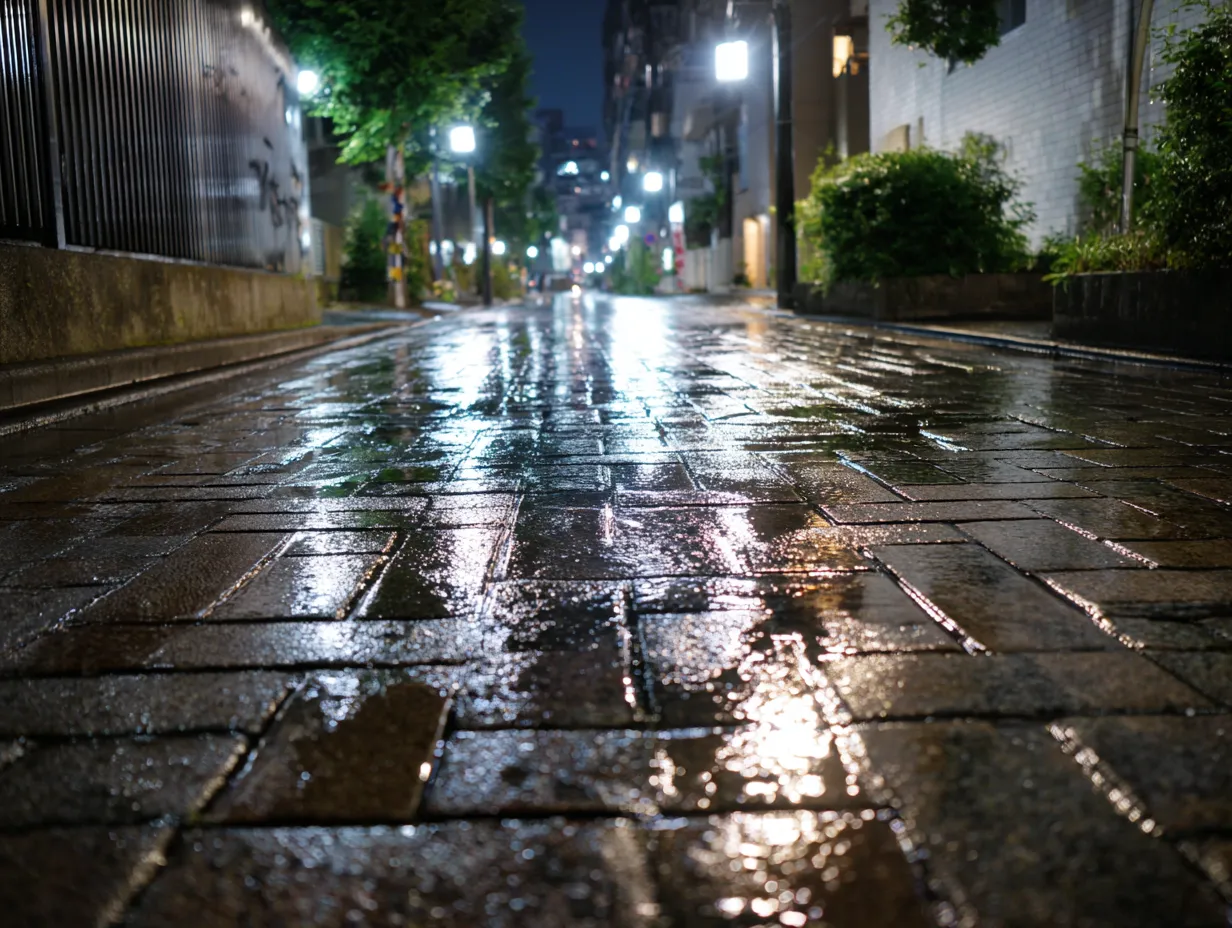 雨に濡れた石畳のエモい風景｜夜の街灯に照らされた濡れた石畳が反射し、しっとりとした静けさを演出しています。エモい風景として街歩きやナイトシーンを強調する広告表現に活用できます。