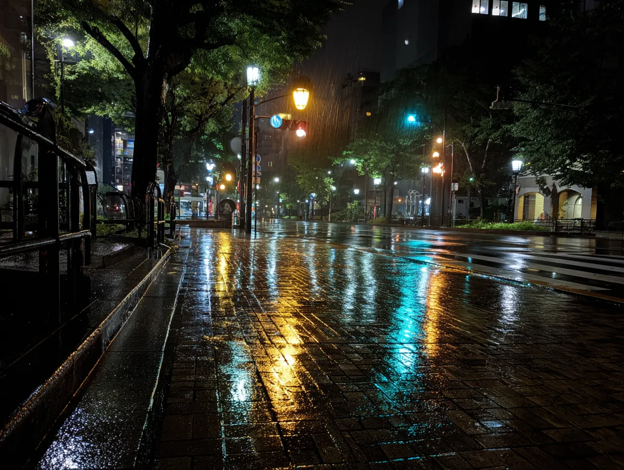 夜の街路の光反射のエモい風景｜雨上がりの舗道に映る街灯や信号の色彩が印象的で、都会的な叙情を引き出しています。エモい風景として映画風のポスターや観光プロモーションに適します。