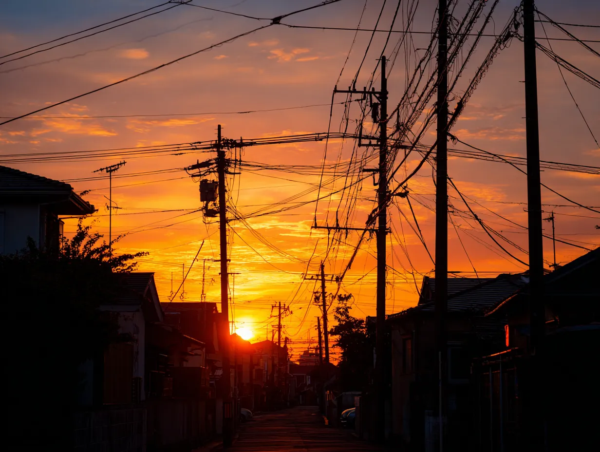 夕焼けの住宅街のエモい風景｜電線と街並みのシルエットが夕焼けに浮かび上がり、郷愁を誘う情緒的な景観です。エモい風景として住宅広告や地域紹介に温かみを加える素材です。