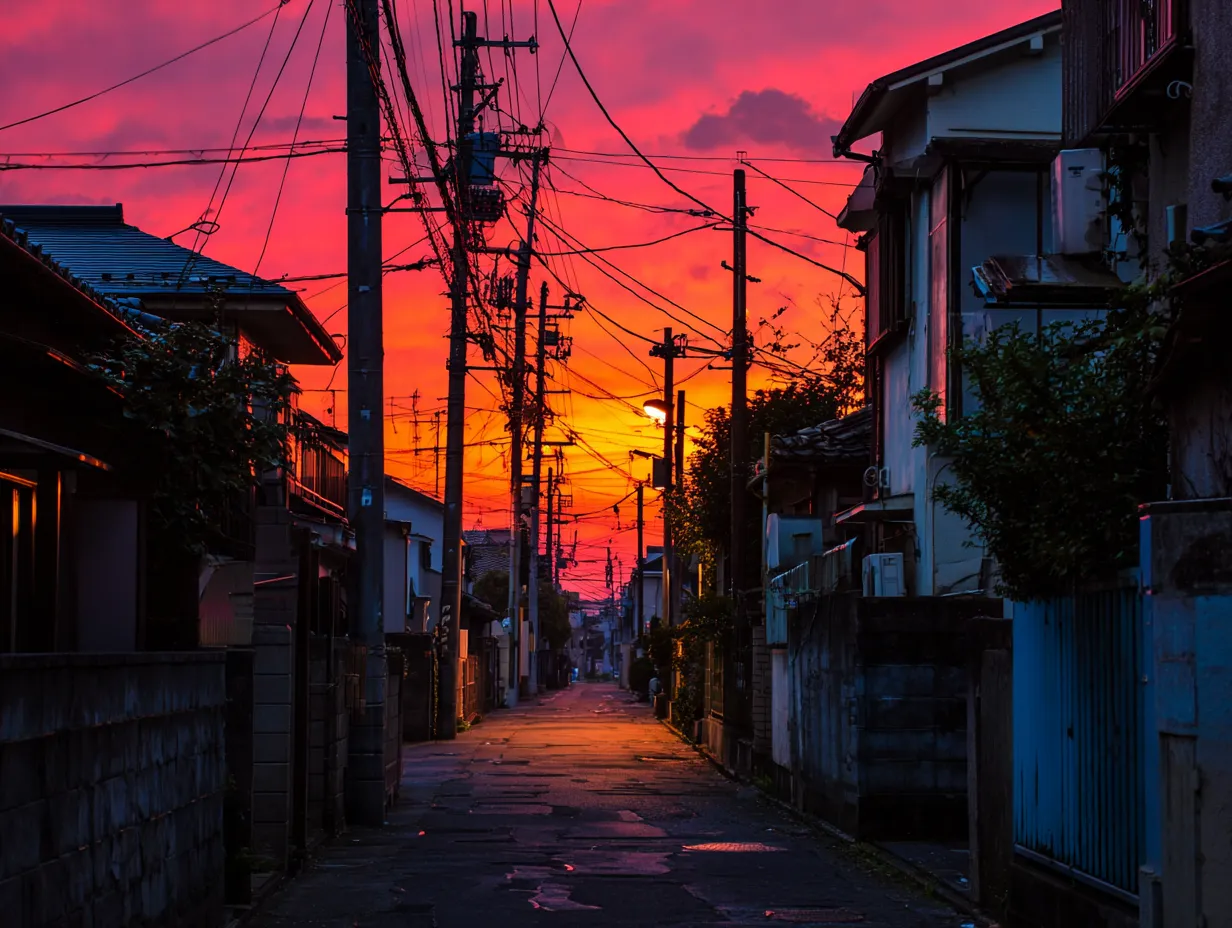 鮮やかな夕焼けのエモい風景｜真紅とオレンジの夕焼けが街並みに広がり、強い感情を呼び起こす一枚です。エモい風景として広告やイベントポスターにインパクトを与える素材です。