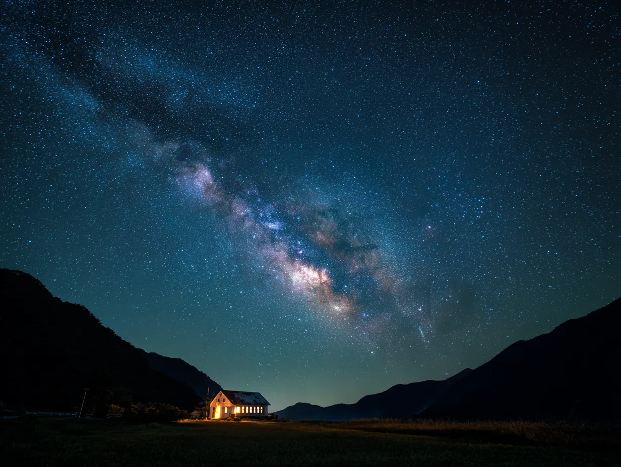 エモい空と天の川の夜景｜星空の広がりと山間の小さな建物が印象的に映るエモい空の写真素材です。天の川の細部まで写し出され、夜空の奥行きを強調しつつ幻想的な雰囲気を演出します。広告や旅行パンフレットに適しています。