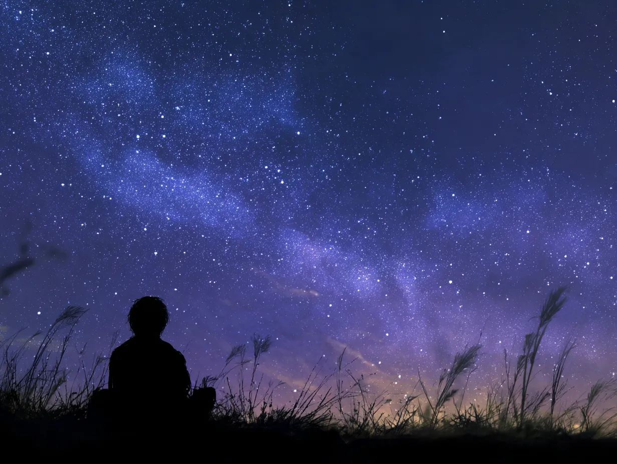 星空を見上げる人のエモい画像｜夜空いっぱいの星とシルエット化された人物の対比が印象的で、ロマンチックな雰囲気を醸し出しています。エモい画像として広告やWebデザインに用いれば、感情的で幻想的な演出が可能です。