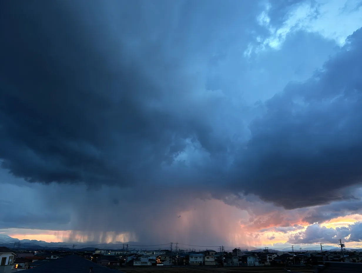 エモい空と雨雲の情景｜厚い雨雲と遠方に降る雨のカーテンがダイナミックに写るエモい空の素材です。雲間から差す光と街並みの対比が迫力を与え、災害や天候関連のコンテンツに使いやすい写真です。