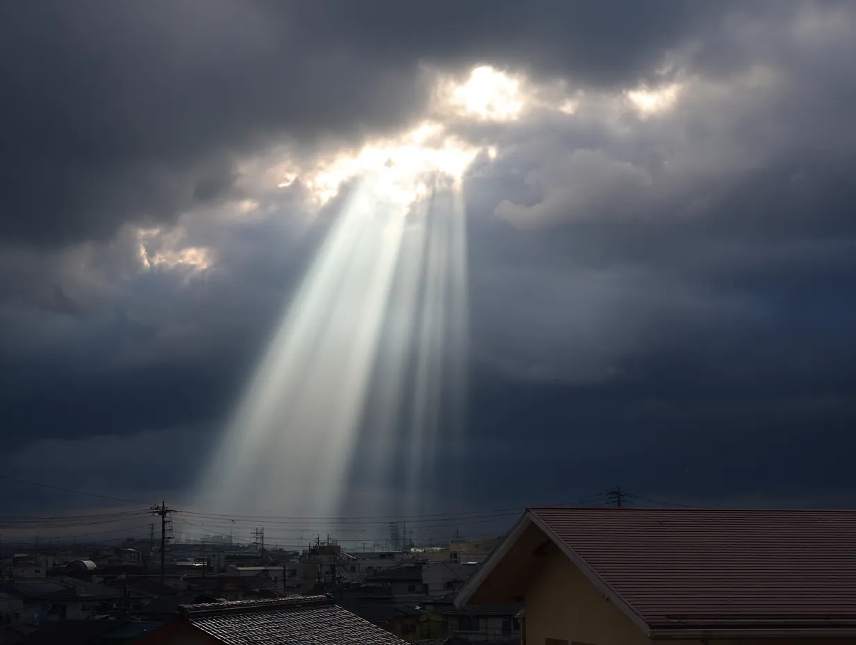 エモい空と光のカーテン｜分厚い雲の切れ間から光の柱が差し込むエモい空の一枚です。強い陰影が都市の屋根と重なり、神秘的で希望を感じさせる印象を与えます。宗教関連や広告のビジュアル素材として適しています。