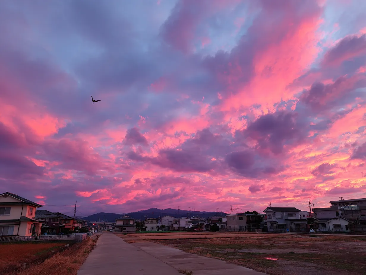 エモい空と鮮やかな夕焼け雲｜ピンクと紫に染まる鮮やかな雲が広がるエモい空の写真です。住宅街と鳥のシルエットが加わり、日常と非日常の境界を印象づけます。ポスターや広告素材として視覚的効果が高い一枚です。