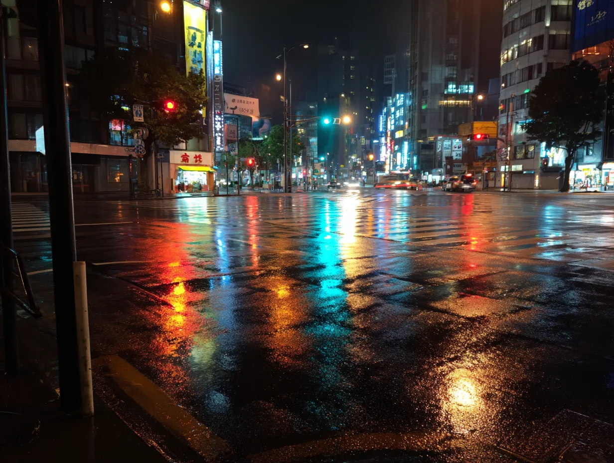 エモい夜景の雨に濡れた交差点｜濡れた路面に街灯やネオンが反射し、鮮やかな光の模様を描く情景がエモい夜景を演出しています。ビジネス写真素材として、都会の夜の静けさや彩りを強調する広告や記事に適しています。
