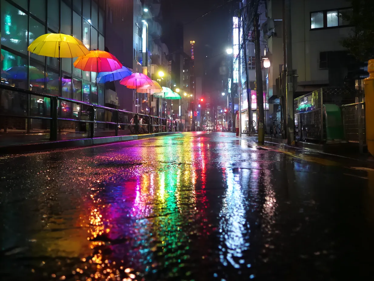 エモい夜景のカラフルな傘通り｜並んだカラフルな傘と濡れた路面の光が共鳴し、幻想的なエモい夜景を生み出しています。観光やデザイン系のビジュアル素材として、街の個性や多様な雰囲気を伝える用途に最適です。
