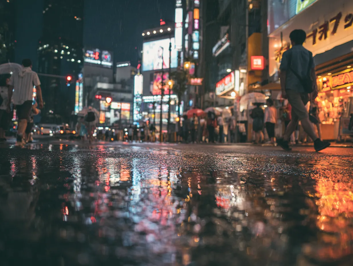 エモい夜景のにぎわう繁華街｜雨の中で傘を差した人々と光が反射する舗道が、動きと活気を伴ったエモい夜景を表現しています。都市のライフスタイルやカルチャーを切り取る商業利用に適しています。