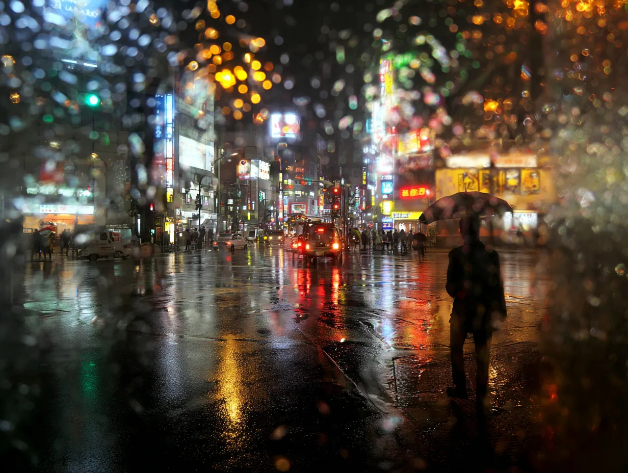 エモい夜景のガラス越しの街並み｜濡れた窓ガラスの水滴越しに広がる街の光景が、抽象的でアート性の高いエモい夜景を描き出しています。ビジュアル重視の雑誌や広告に独特の感情表現を添えられます。