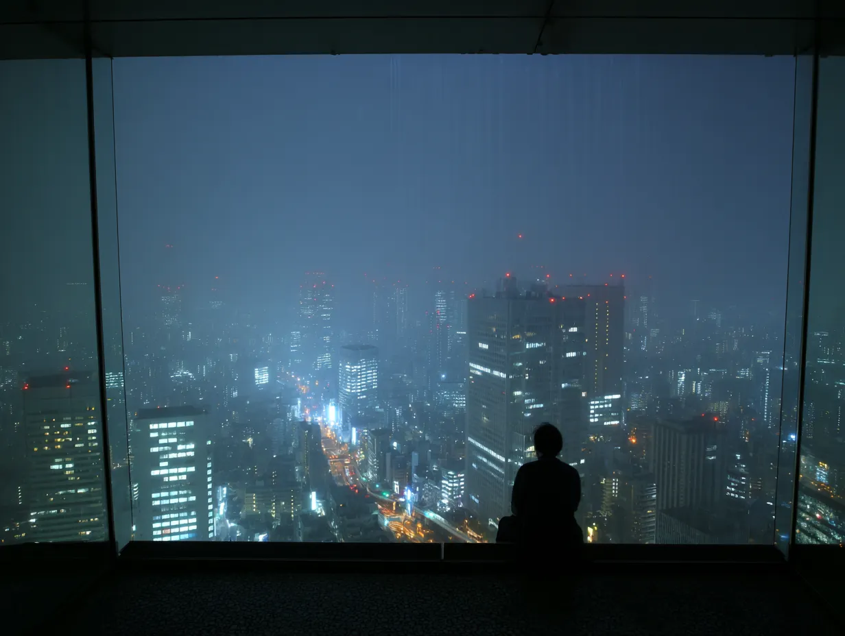 エモい夜景の展望台からの眺望｜展望台から都市全体を見下ろす視点が、雨と光が交わるエモい夜景を印象的に捉えています。シティブランディングや不動産関連のプレゼン素材として強い効果を発揮します。