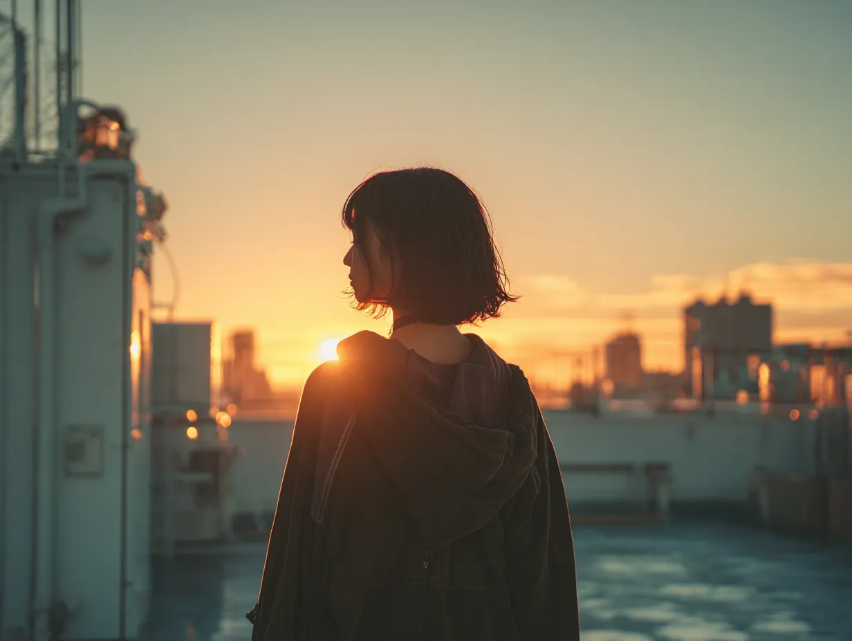 夕焼けを背景にした人のエモい画像｜オレンジ色に染まる空を背にした人物の横顔が美しく、都市と自然の調和が強調されています。エモい画像としてビジネスやライフスタイルの広告に使えば、印象的な余韻を与えられます。