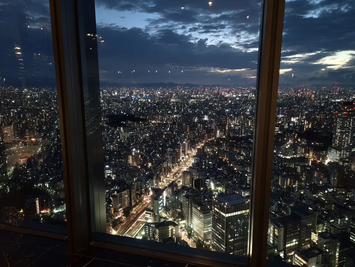 エモい夜景の窓辺からの大都市｜窓のフレーム越しに広がるビル群の灯りが都市のスケール感を際立たせ、エモい夜景を印象的に描いています。ビジネスイベントや都市紹介記事に活用しやすい素材です。