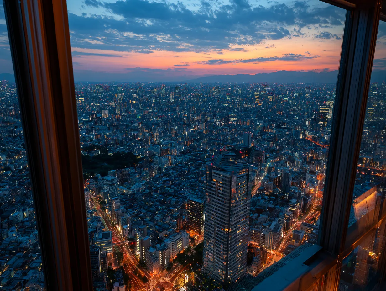 エモい夜景の夕暮れと都市灯り｜暮れゆく空と街の灯りが交差する瞬間を捉え、時間の移ろいを強調したエモい夜景を表現しています。ライフスタイルや時間の流れを象徴する広告や特集記事に適しています。