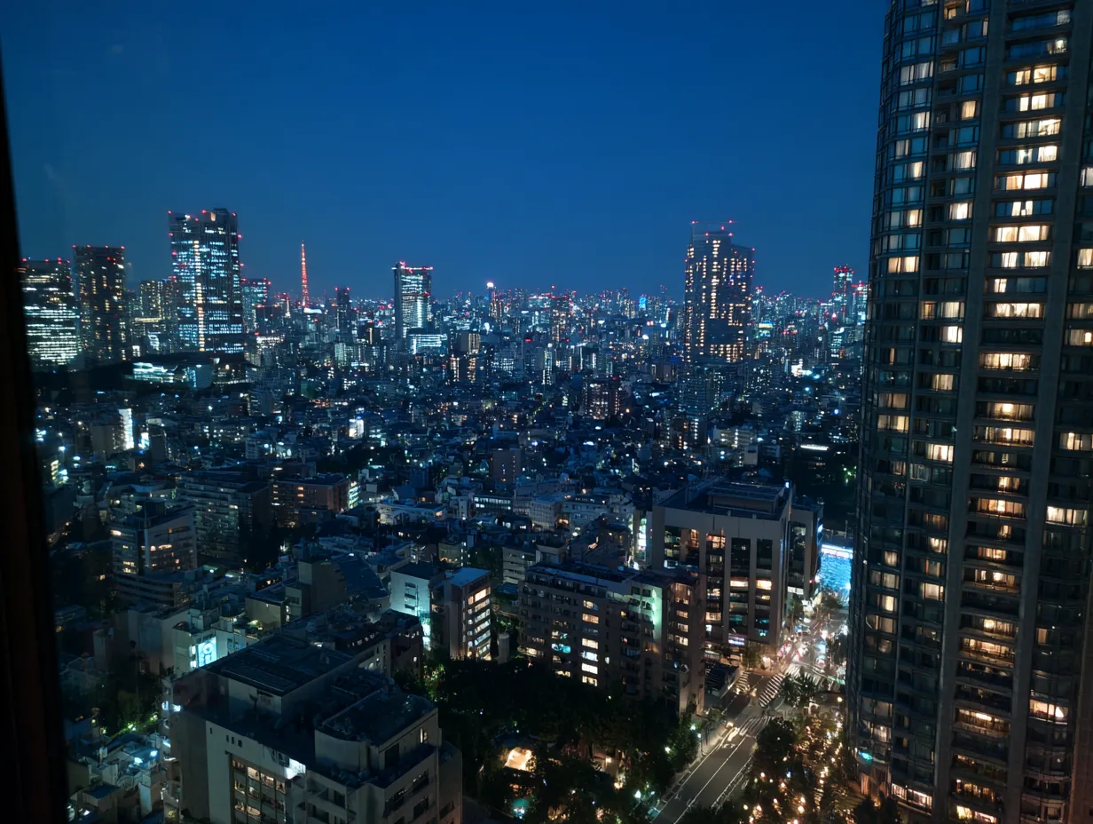 エモい夜景の青い都市風景｜ビル群と夜空が青のトーンで統一され、洗練された印象を与えるエモい夜景になっています。企業のブランドイメージ強化や現代的なデザイン素材として効果的に使えます。