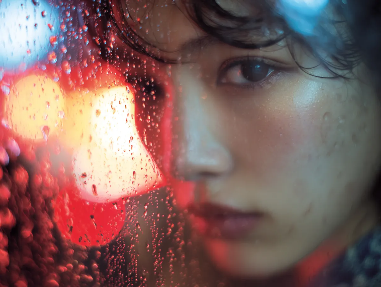 エモい人の女性アップ写真｜濡れたガラス越しに見つめる女性の表情を切り取ったエモい人の女性アップ写真。光と水滴がぼけて幻想的な背景を作り、感情表現を重視した広告や記事のビジュアルに適しています。