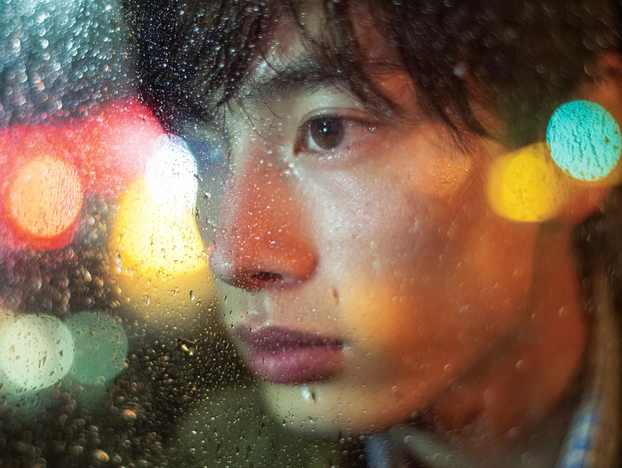 エモい人の男性アップ写真｜雨に濡れたガラス越しに映る男性の横顔を印象的に捉えたエモい人の男性アップ写真。ぼかし効果と光のにじみが感情の深さを引き立て、ドラマティックな記事やキャンペーンに活用できます。