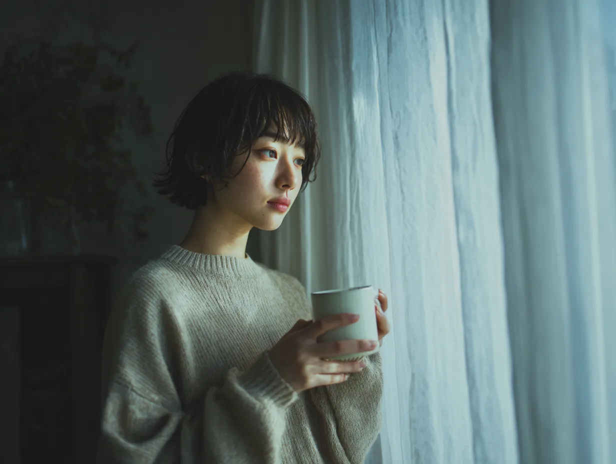 エモい人の窓辺女性写真｜柔らかな光に包まれた室内でマグカップを手に佇むエモい人の窓辺女性写真。自然光と静かな色合いがリラックス感を演出し、ライフスタイルや暮らしをテーマとした素材に適しています。