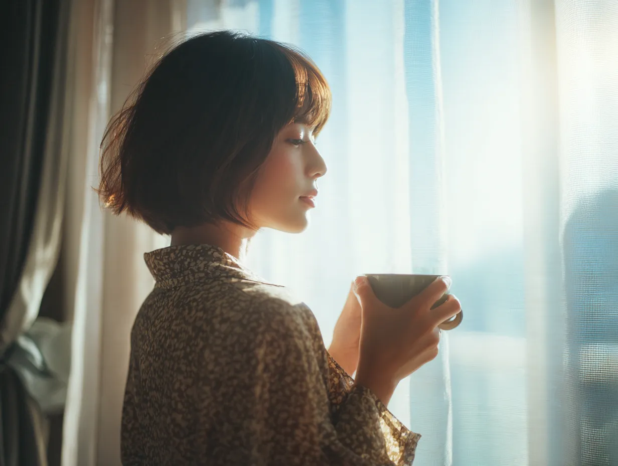 エモい人の朝陽女性写真｜朝陽に照らされる女性の横顔を切り取ったエモい人の朝陽女性写真。温かみのある光とやわらかな構図が魅力で、ウェブ記事や広告において日常の美しさを伝えるビジュアルとして活躍します。