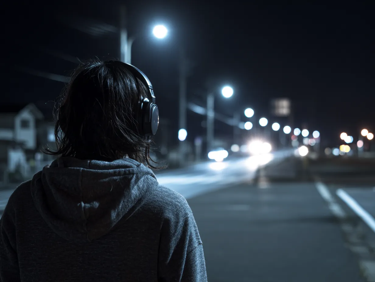 エモい人の夜道後ろ姿写真｜夜の街灯に照らされながら歩く人物の背中を描いたエモい人の夜道後ろ姿写真。クールな色合いと奥行きのある街並みが雰囲気を強調し、物語性のあるコンテンツにマッチします。