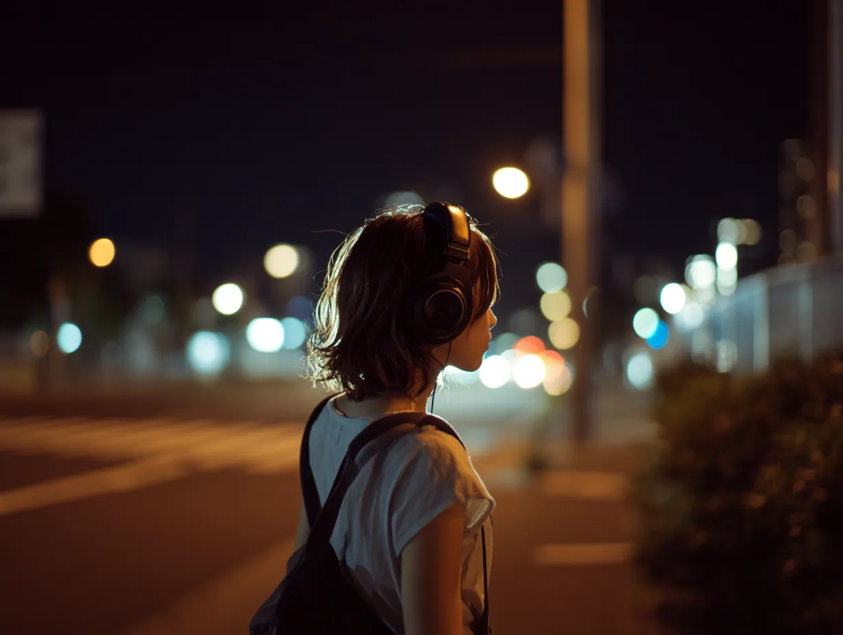 エモい人の夜道女性写真｜ヘッドホンを着けた女性を夜道で捉えたエモい人の夜道女性写真。ぼけた街の明かりが背景を彩り、音楽や夜の散歩をテーマにした広告や記事に感情を添える効果があります。