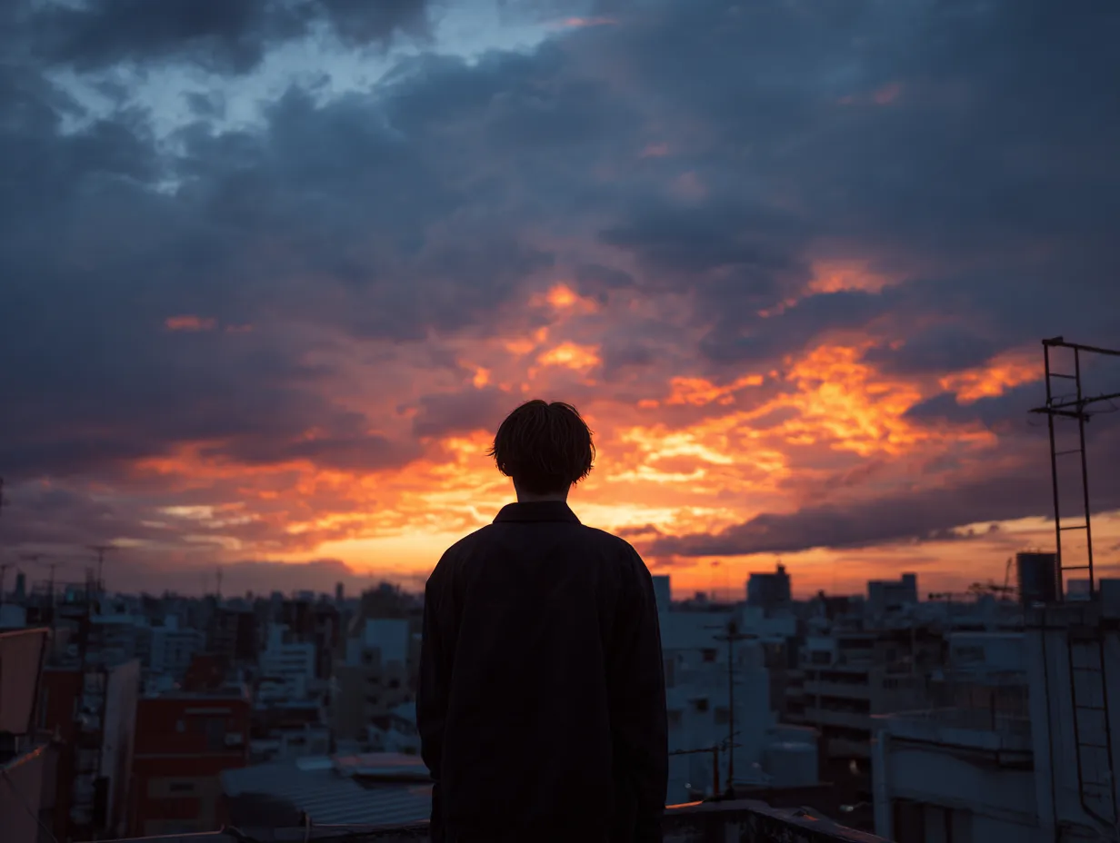 屋上から夕焼けを見つめる人のエモい画像｜濃い赤と青のコントラストがドラマチックな空を際立たせ、都会の屋上で佇む人の姿が強い情緒を喚起します。エモい画像として雑誌やWebビジュアルに効果的で、都市的な叙情性を演出します。