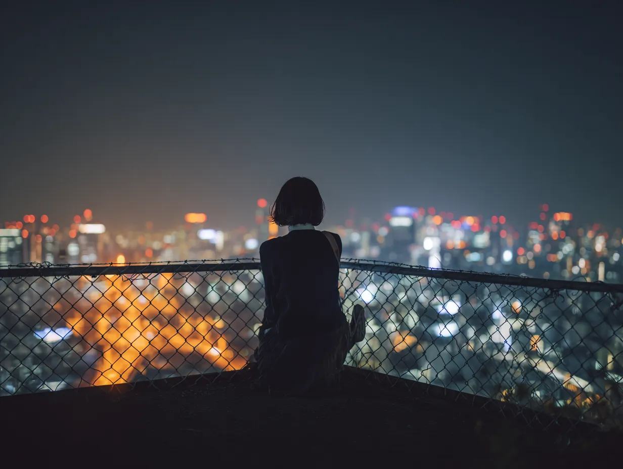 エモい人の夜景シルエット写真｜高台から夜景を見下ろす人物を後ろ姿で切り取ったエモい人の夜景シルエット写真。都会の光と孤独感を融合した構図が特徴で、エモーショナルな演出が求められる媒体に活用できます。