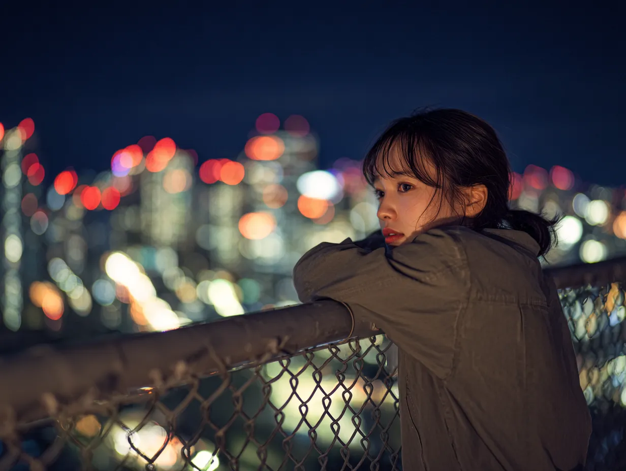 エモい人の夜景女性写真｜フェンスに寄りかかりながら夜景を見つめる女性を描いたエモい人の夜景女性写真。鮮やかなボケ光と人物の表情が感情を伝え、SNS投稿や広告で印象的に映える素材です。