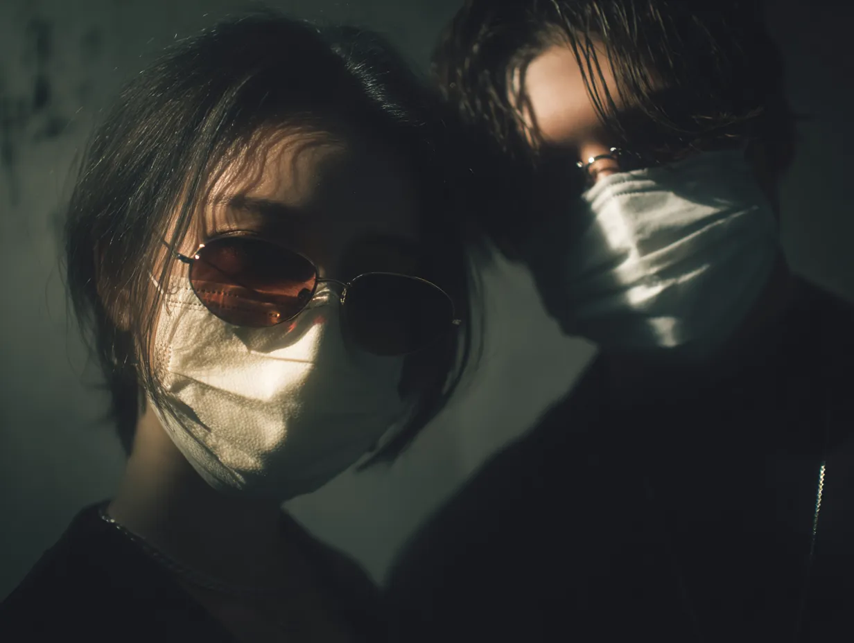 エモい2人の暗がり写真｜薄暗い照明の中でマスクとサングラスを着けた2人を捉えたエモい2人の暗がり写真。影のコントラストが強く、ミステリアスでスタイリッシュな雰囲気が広告や音楽関連の素材に適しています。