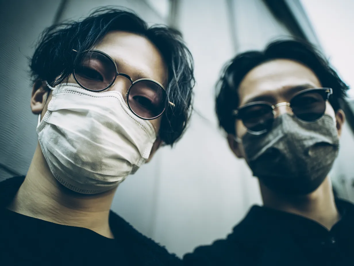 エモい2人の街角写真｜街角で見上げるように撮影された2人の姿が印象的なエモい2人の街角写真。無機質な背景と都会的なファッションが融合し、若者文化やストリート感を表現する商業用途に向いています。
