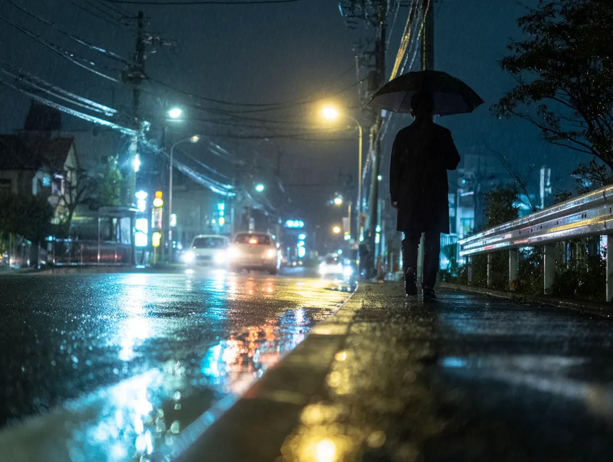 雨の街を歩く人のエモい画像｜濡れた道路に街灯の光が反射し、傘をさして歩く人物が夜の情景を印象深くしています。エモい画像として映画風の表現や広告素材に用いると、切なさと物語性を強調できます。