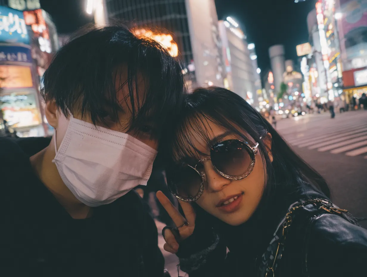 エモい2人の夜の街角写真｜ネオンライトが背景に映えるエモい2人の夜の街角写真。鮮やかな色彩と自然な笑顔が雰囲気を盛り上げ、エンタメ系や若者向けプロモーション素材に活用しやすい構図。