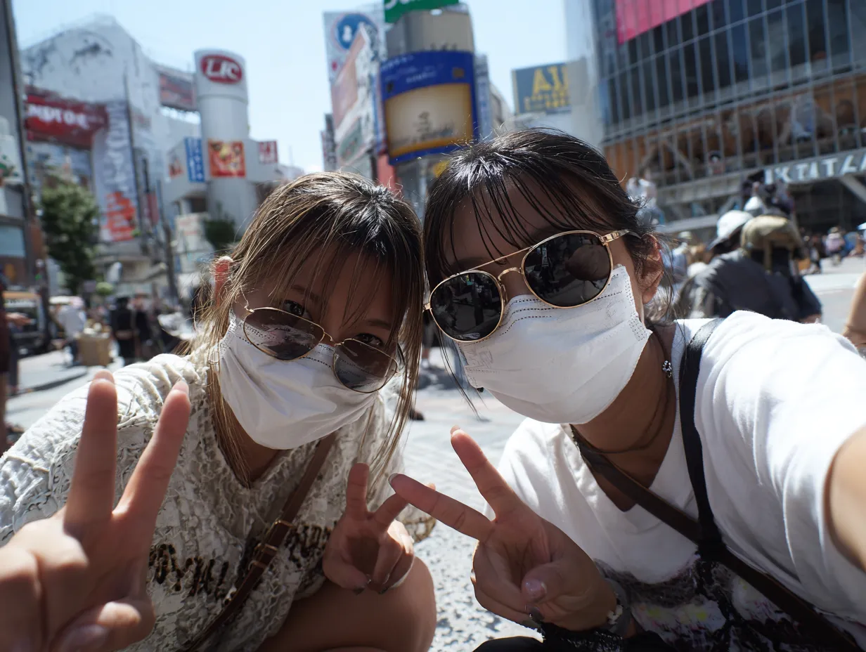 エモい2人の昼の交差点写真｜明るい日差しと街の活気が印象的なエモい2人の昼の交差点写真。自然なポーズと笑顔が親近感を引き出し、旅行や都市文化をテーマにした素材として汎用性が高い。