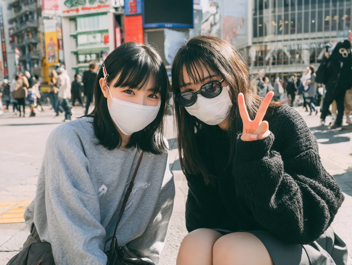 エモい2人の観光地交差点写真｜活気ある観光地で撮影されたエモい2人の交差点写真。明るい色彩と日常感が融合した表現で、イベントや都市観光をテーマにした素材に適している。ビジネス利用にも幅広く対応可能。