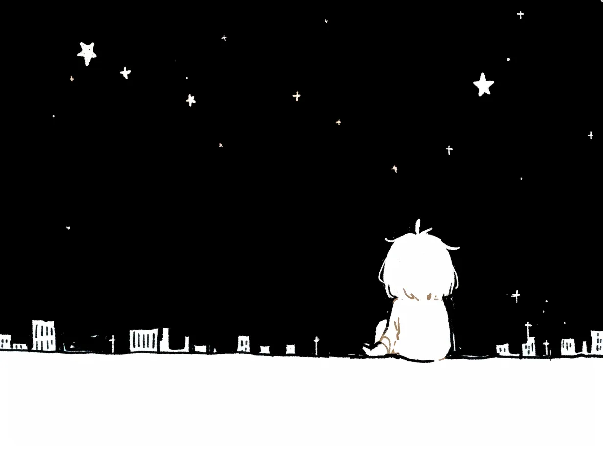 韓国風エモい夜空を見上げる子供｜黒背景に白で描かれた夜空と街並みが特徴的で、シンプルながら幻想的な印象を与えるビジネス写真素材です。韓国風エモい雰囲気が強く、静かな広告や感性重視のデザインに適しています。