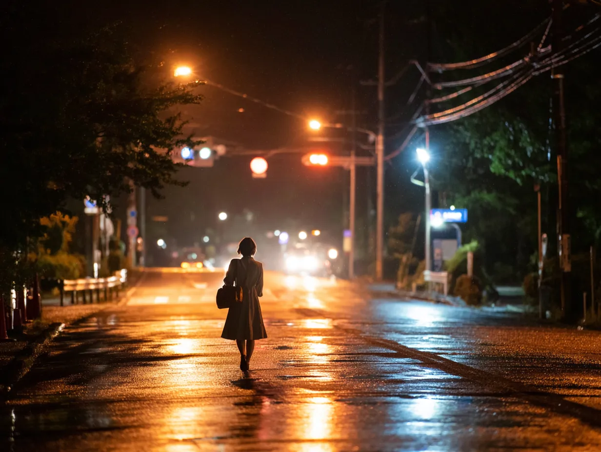 夜道を進む人のエモい画像｜街灯と車のライトに照らされる雨の夜道を歩く人物が描かれ、静かな緊張感を漂わせています。エモい画像としてファッションやライフスタイルの素材に活用すれば、都会的な哀愁を演出できます。