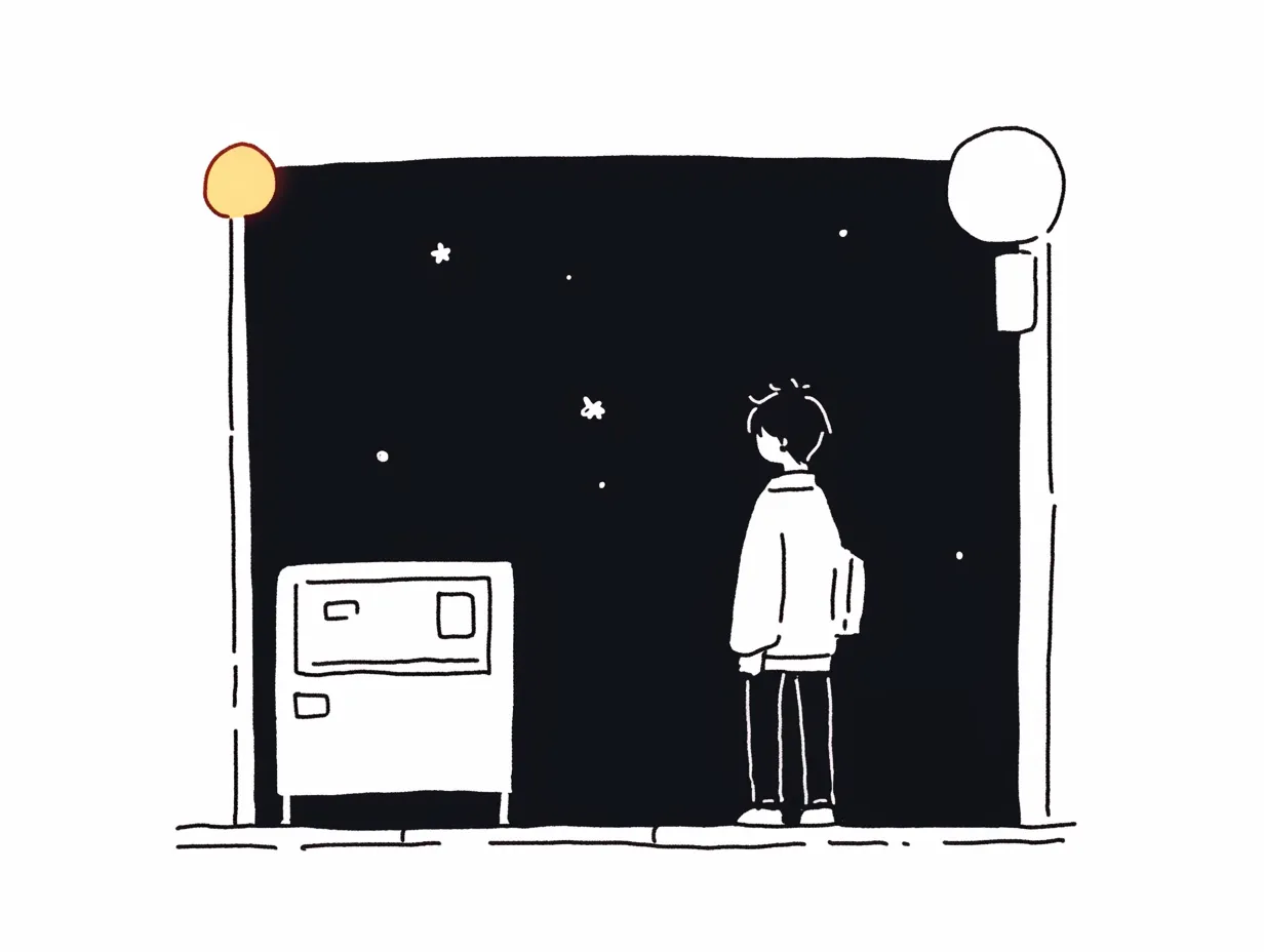 韓国風エモい自販機を見つめる少年｜夜空を背景にしたモノトーン調の構成が印象的で、余白を活かした表現が特徴のビジネス写真素材です。韓国風エモい演出がシーンに深みを与え、広告や挿絵に適しています。