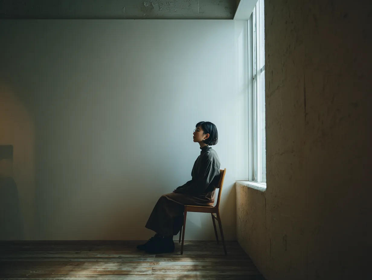 椅子に座る女性のエモいおしゃれ画像｜シンプルな空間と窓からの自然光が女性を浮かび上がらせ、ミニマルな美しさを演出しています。エモいおしゃれ画像として広告や雑誌に活用でき、静謐さと洗練を伝える素材です。