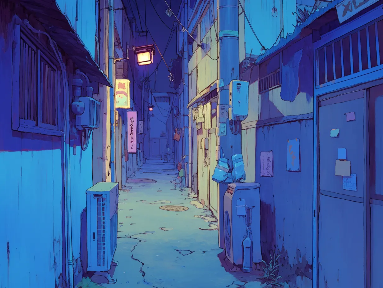 エモいレトロ夜の路地裏風景｜ブルーの照明が印象的な狭い路地が描かれ、懐かしさと静けさを同時に感じさせるビジネス写真素材です。エモいレトロな雰囲気が広告や背景素材に活用できます。
