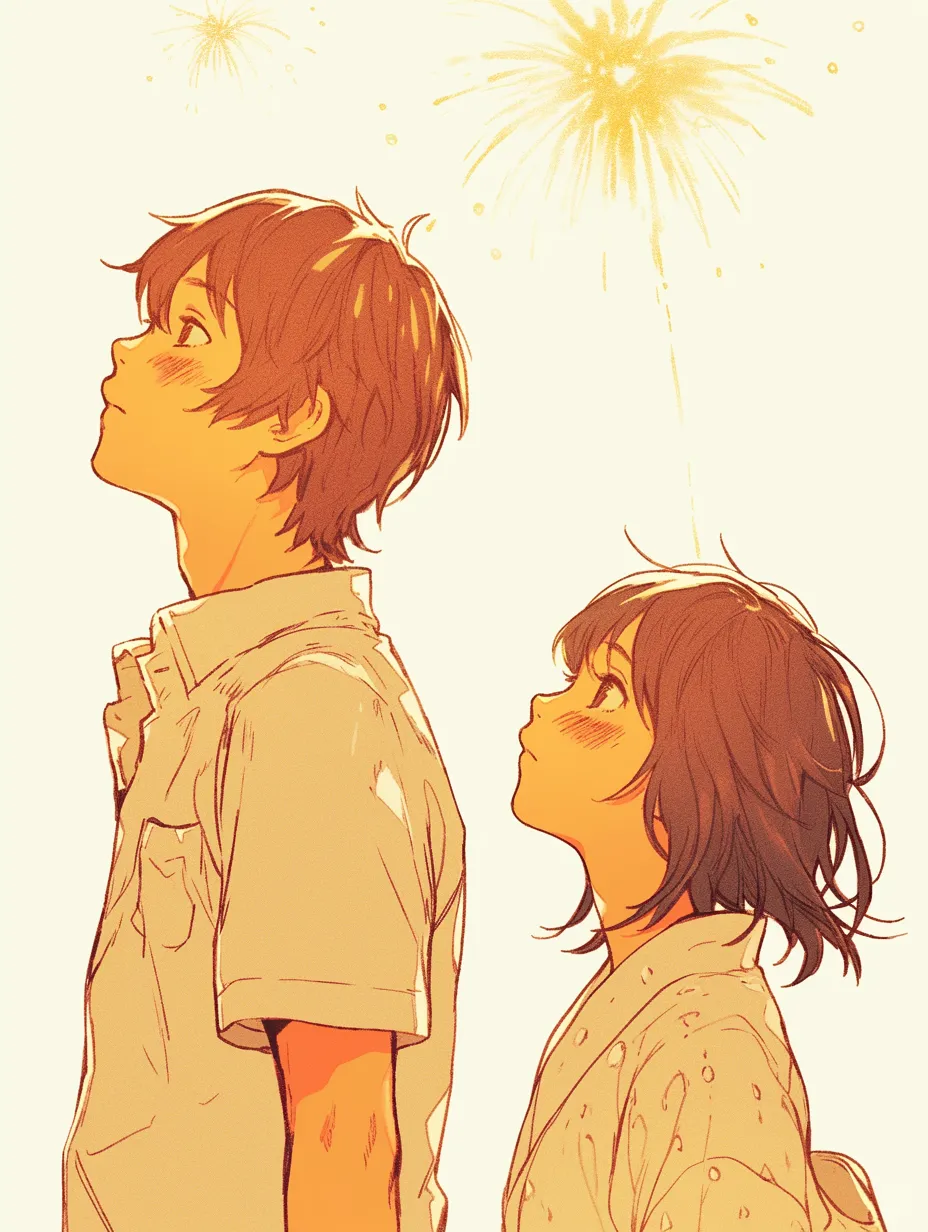 エモいレトロ花火を見上げる少年少女｜柔らかな色彩で夏のひとときを切り取ったイラストが印象的なビジネス写真素材です。エモいレトロな雰囲気がイベントや季節感を伝える広告に活用できます。
