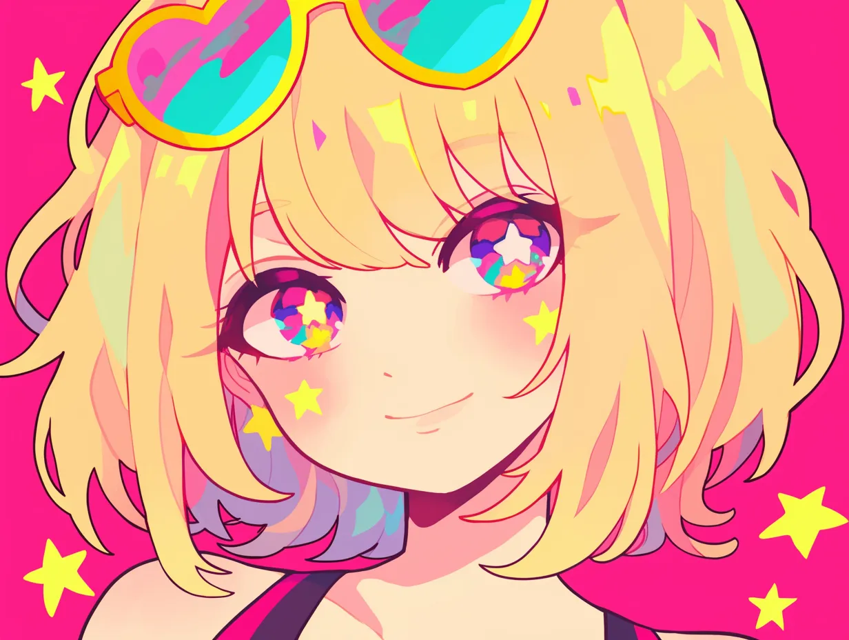エモいレトロ星を散りばめた笑顔の少女｜ビビッドなカラーと星のモチーフがポップでありながら懐かしさを感じさせるビジネス写真素材です。エモいレトロな演出が若者向けデザインに映えます。