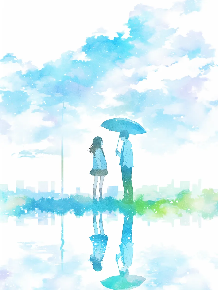 エモいレトロ傘を差す二人のシーン｜透明感ある色彩と水面に映る反射が繊細に描かれたビジネス写真素材です。エモいレトロな演出が映像やポスターなどで魅力を高めます。