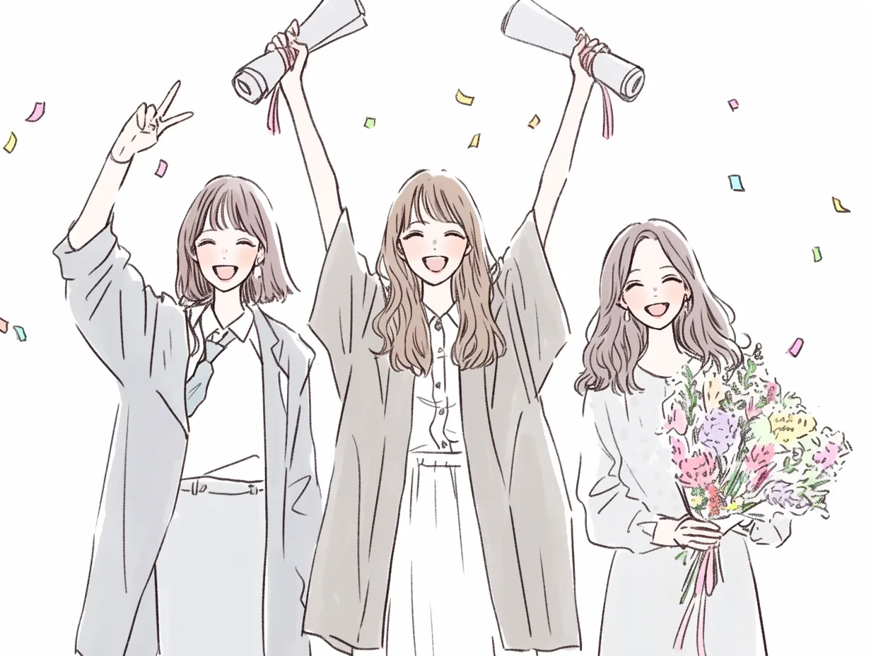 感動の卒業の歓喜｜卒業証書を掲げた3人の女性が笑顔で祝うイラスト。淡い色合いと柔らかな線画が温かみを演出し、感動の卒業を迎えた喜びが溢れるデザイン。紙吹雪が舞い、新たな門出の輝かしさが感じられる。