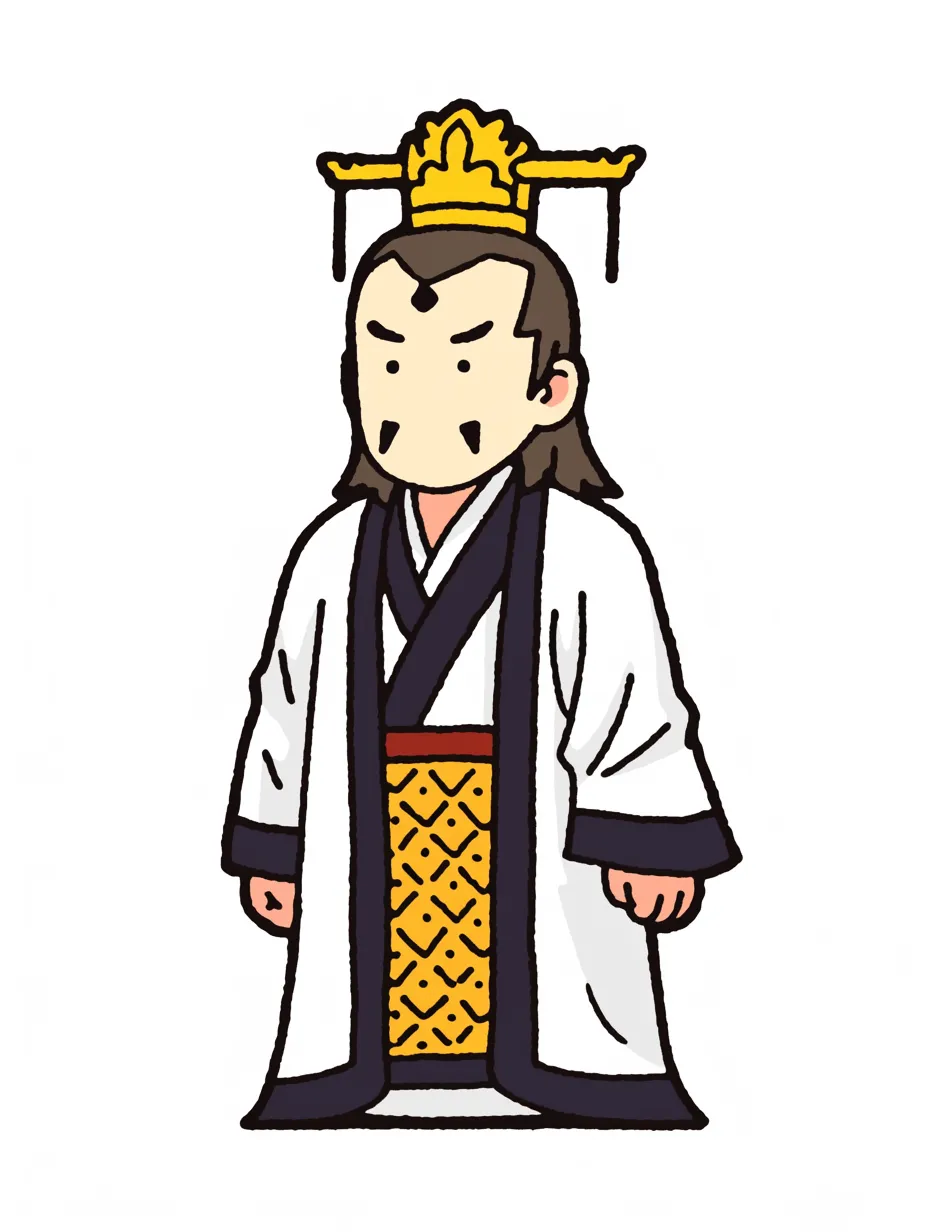 皇帝の威厳ある立ち姿｜シンプルな線と落ち着いた配色で描かれたスタイル。装飾のある冠とゆったりした衣装が、皇帝としての品格を強調している。