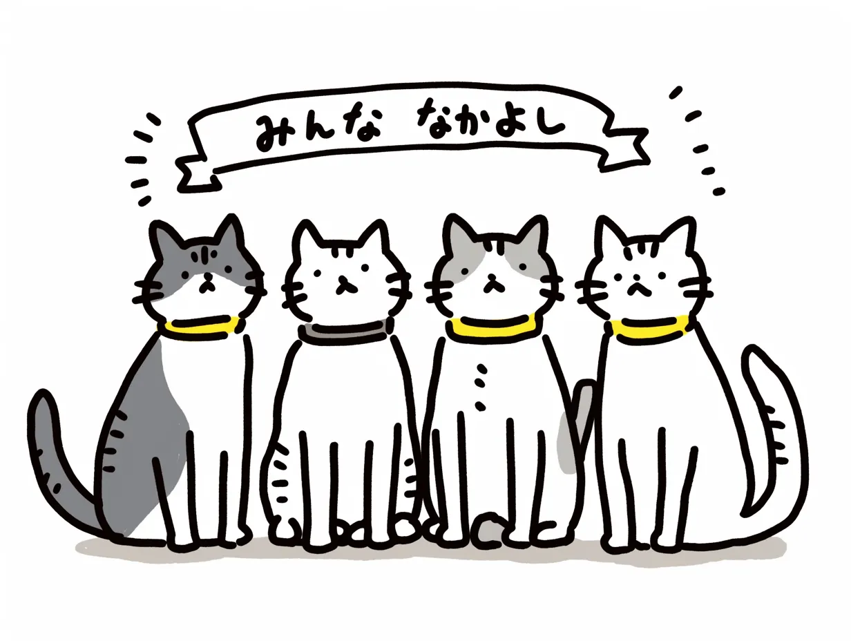 みんな仲良し・並ぶ猫たち｜黄色い首輪をつけた4匹の猫が揃って並ぶイラスト。シンプルながらも統一感のあるデザインで、きちんとした雰囲気が特徴。「みんな仲良し」な猫たちの穏やかな関係性が伝わる一枚。