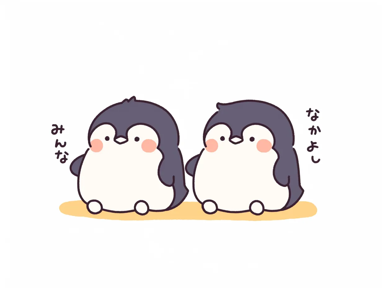 みんな仲良し・まるっとペンギン｜コロンとしたフォルムのペンギンが二羽並び、落ち着いた色合いで描かれたイラスト。シンプルながら愛らしさが際立ち、穏やかな空気感が漂う。ゆるくて可愛いデザインが特徴。