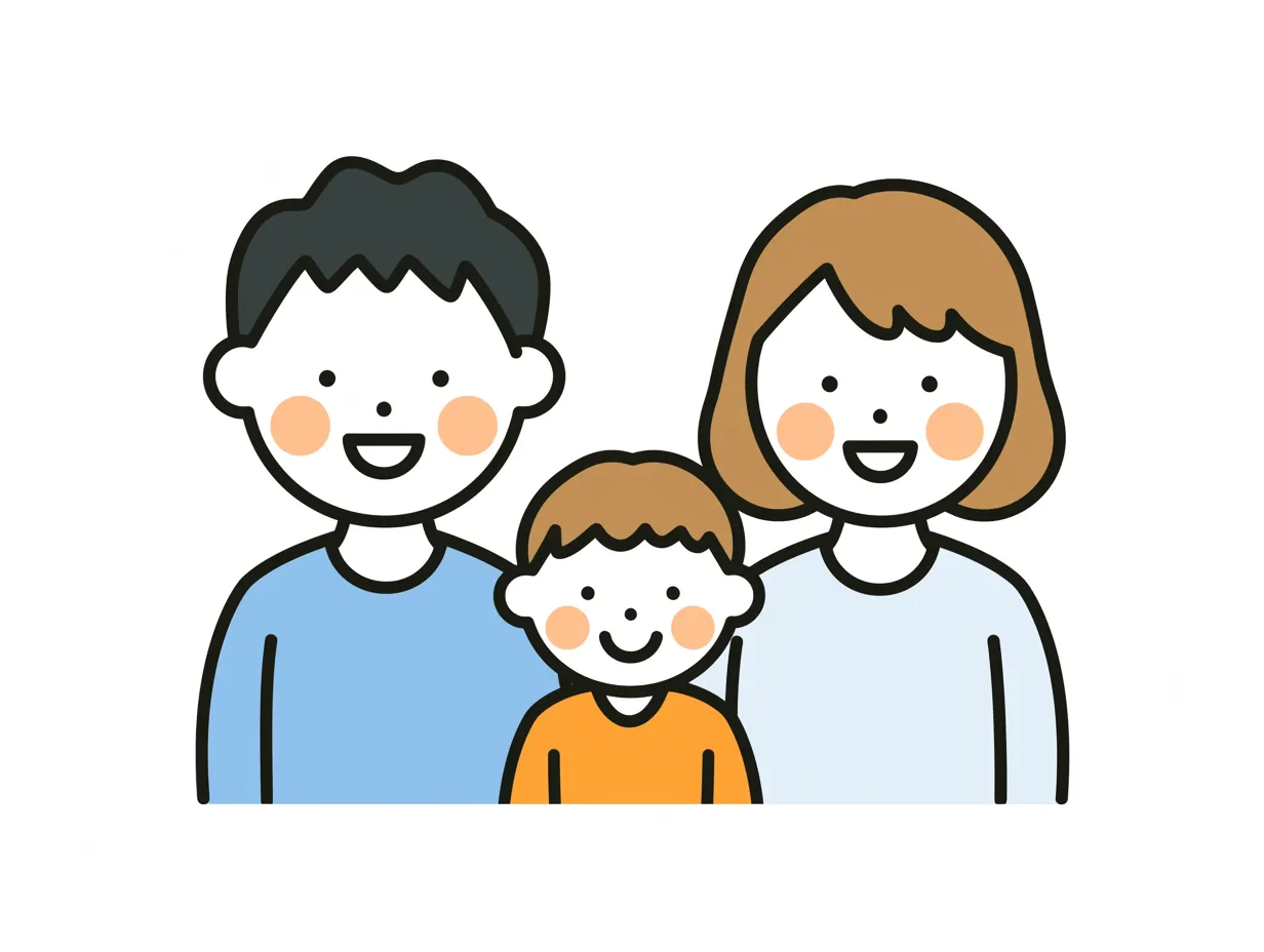シンプルな線の笑顔の家族｜ミニマルなデザインが魅力のイラスト。黒く太めの線が印象的で、顔の表情が明るく表現されている。柔らかい色調とバランスの取れた構図が、親しみやすい雰囲気を演出する。