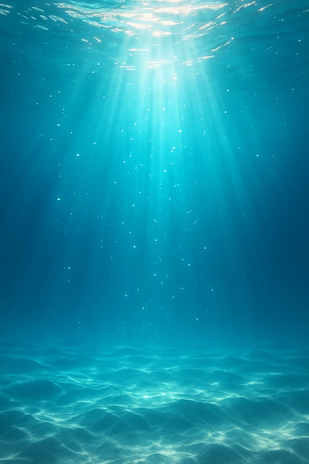 光が差し込む幻想の海中｜透き通った海中の世界。水面から差し込む陽光が揺れながら海底へ届き、小さな泡とともに光の粒が漂う。魚影はなく、静寂だけが支配する世界に、神秘的な美しさが満ちている。