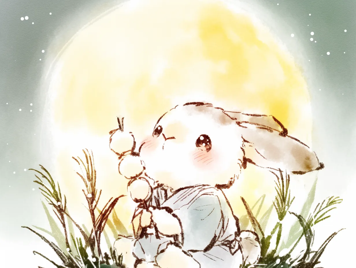 お月見うさぎの夜｜まんまるなお月さまを背に、お団子を見つめるお月見うさぎが描かれた一枚。秋の草花と優しい月光が、うさぎのあたたかな表情をいっそう引き立てています。