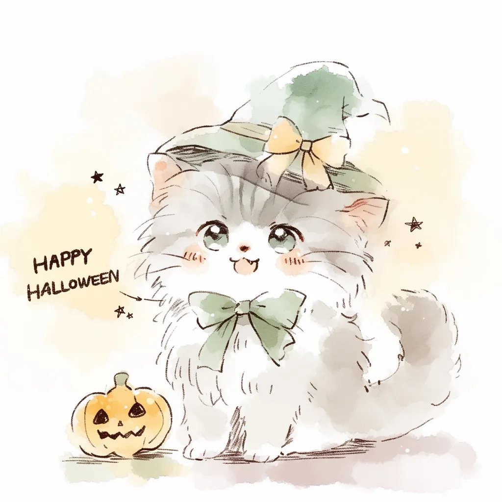 ハロウィン猫｜魔法使いの帽子をかぶった猫が、かぼちゃと並んでこちらを見つめています。大きな瞳やリボンの装飾が、ハロウィンの楽しさと可愛らしさを丁寧に描き出しています。