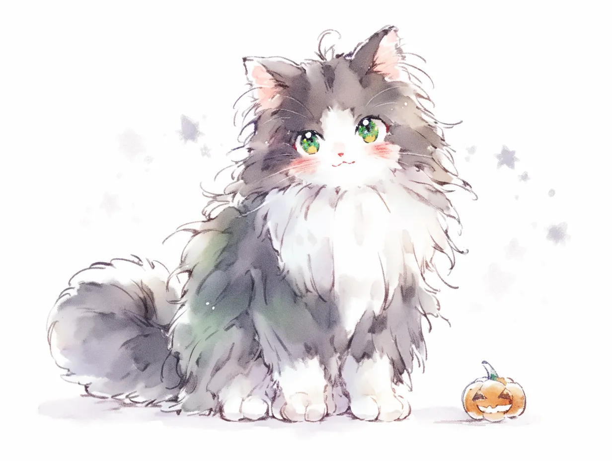 ハロウィン猫｜ふわふわの毛並みと大きな瞳が印象的な猫が、小さなかぼちゃと並んで座る構図。星の装飾と淡い彩色が、やさしく幻想的なハロウィンの空気を漂わせています。